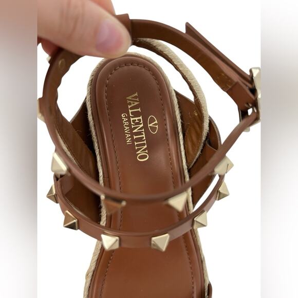 Valentino Rockstud Espadrille Heel Ankle-Strap Sandals Size 38 EU Brown Leather - Picture 6 of 7